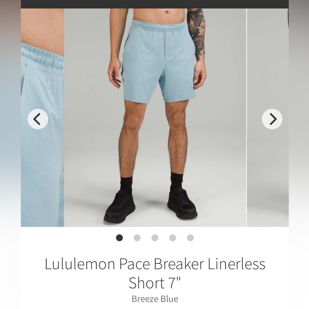 Lululemon men’s Pacebreaker 7” linerless blue shorts